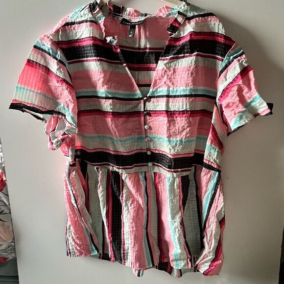 Lane Bryant bright stripe ruffle split blouse size 26 - Picture 1 of 6